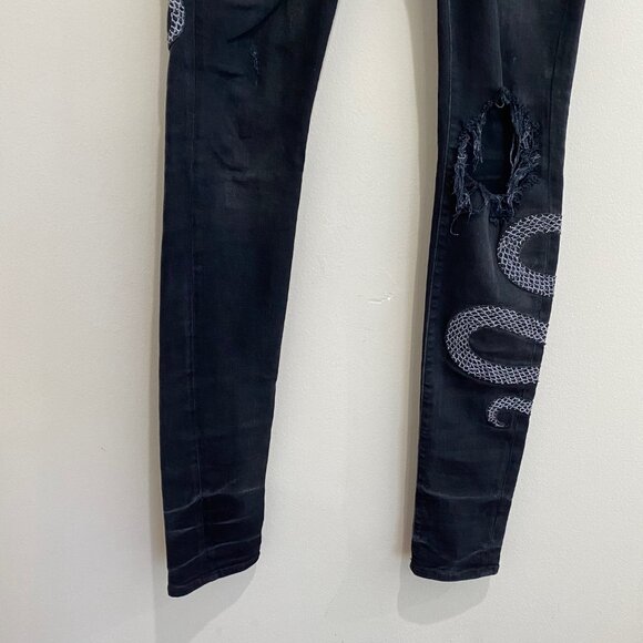 Amiri Glitter Snake Patch Broken Skinny Jeans Distressed Sz 30 FLAW - Picture 9 of 14